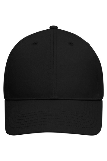 A black 6 panel cap made from bio cotton, featuring a logo on the front. Ideal for casual headwear.