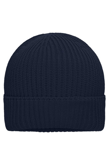 A navy blue knitted winter beanie with a ribbed texture and a folded cuff. Features a logo on the side.