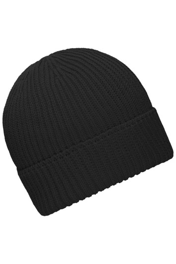 A black winter beanie with a ribbed texture and a folded cuff, featuring a logo.