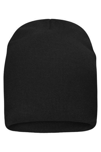 A black casual beanie made from bio cotton, featuring a seamless design and a simple logo.