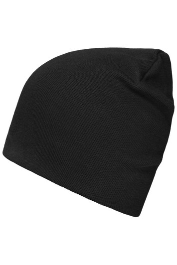A black beanie made from bio cotton, featuring a simple, ribbed design and a logo.