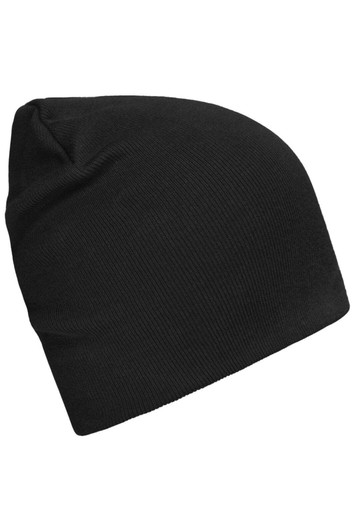 A black beanie made from bio cotton, featuring a snug, casual fit and a simple design.