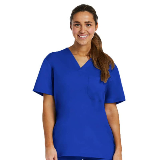 A blue unisex tuckable V-neck top with short sleeves and a front pocket, featuring a logo.