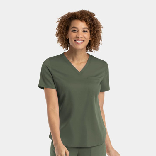 A green women's v-neck top with a tuckable design, featuring short sleeves and a relaxed fit.
