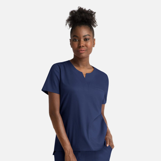 A women's notched crew neck top in navy blue, featuring short sleeves and a relaxed fit. It has a logo.