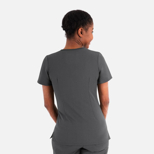 A women's layered V-neck top in dark grey, featuring short sleeves and a fitted design. Includes a logo.