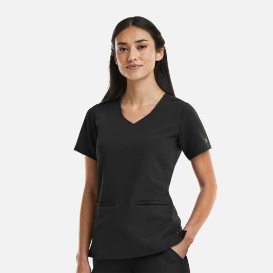 A black women's V-neck top featuring metallic detail and two front pockets, designed for comfort and style.
