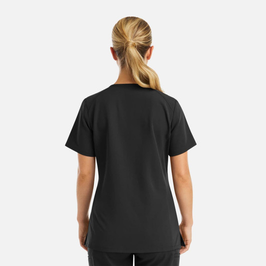 A women's black curve V-neck top featuring short sleeves and a sleek design. The top includes a branding logo.