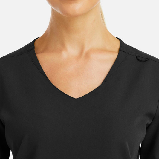 A black women's V-neck top with a sleek design and metallic detail on the neckline. Features a logo.