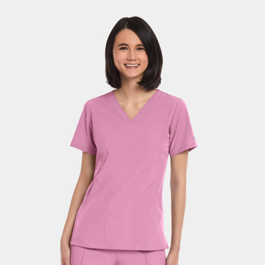 A women's V-neck top in pink with a fitted design and short sleeves, featuring a logo.