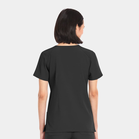 A women's black V-neck top with short sleeves and a smooth design, featuring a logo on the back.