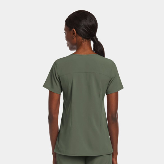 A women's mock wrap top in olive green, featuring short sleeves and a fitted back design, with a logo present.