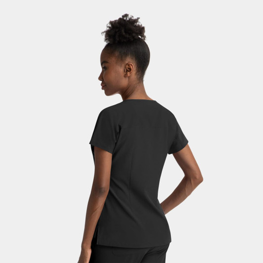 A black women's dolman top featuring a notched neck and short sleeves, displayed from a side angle with a model.