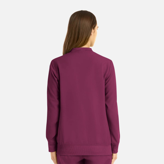 A full zip bomber jacket in a rich plum colour, featuring a simple design and long sleeves.