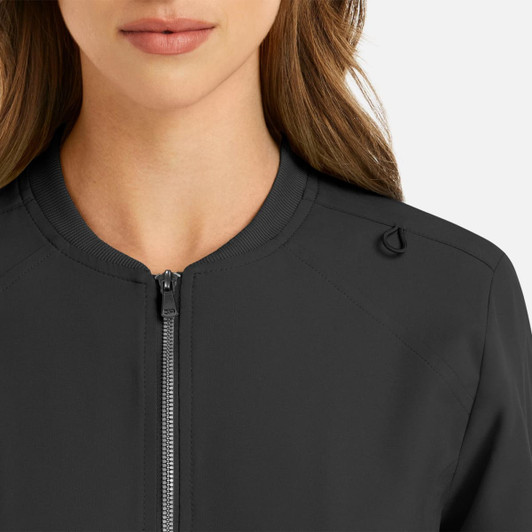 A black full zip bomber jacket for women, featuring a high neckline and a visible zipper. It has a logo detail.