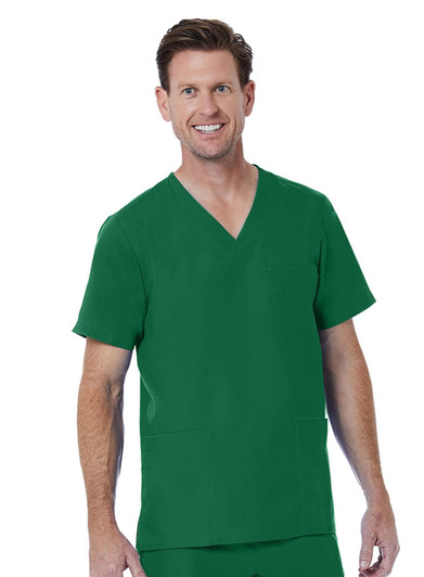 A man wearing a green V-neck top, smiling, with pockets on both sides. The top features a logo.