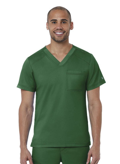 A men's v-neck top in deep green with a pocket, featuring a logo on the shoulder.