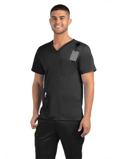 A men's black V-neck top featuring three pockets and a logo on the chest.