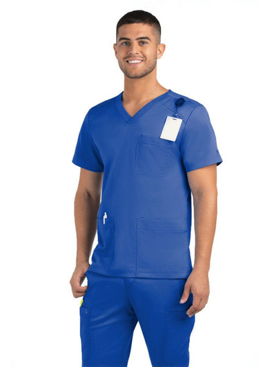 A men's blue V-neck top featuring three pockets and a logo, displayed on a model.