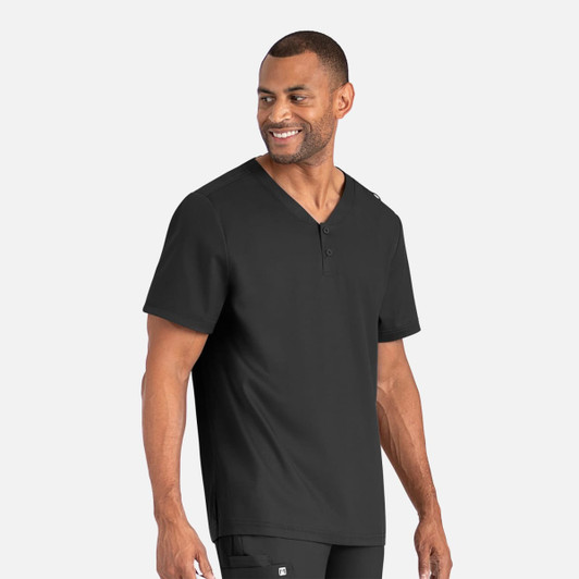 A men's black tuckable henley top featuring a buttoned neckline and short sleeves. Includes a logo on the chest.
