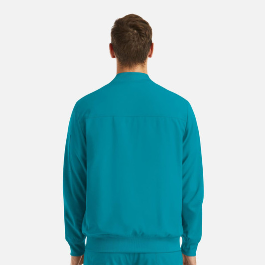 A men's full zip bomber jacket in a vibrant teal colour, featuring a simple design and a logo on the back.
