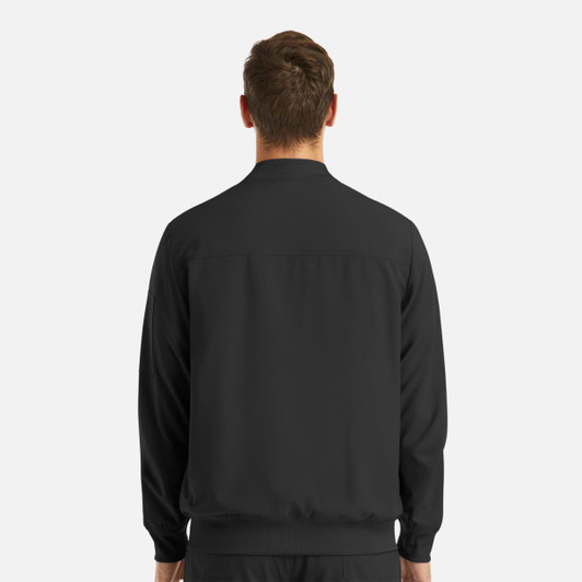 A men's full zip bomber jacket in black, featuring a simple back design and elastic cuffs. Includes branding.