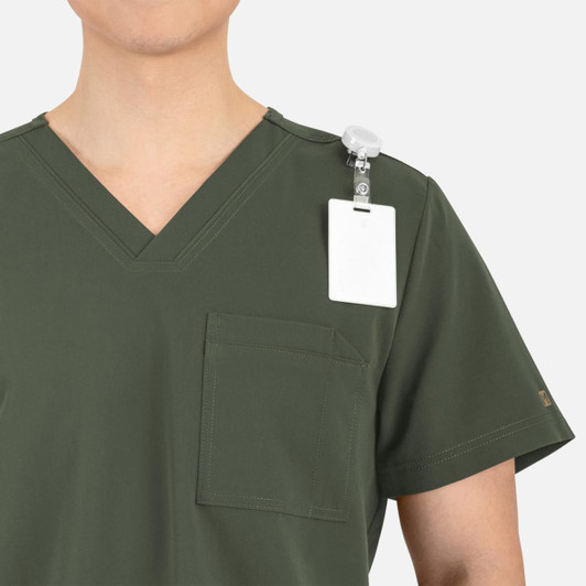 A men's V-neck top in dark green with a chest pocket and a clip-on tag on the shoulder. Features a logo on the sleeve.