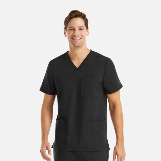 A men's black V-neck top featuring three pockets, designed for comfort and functionality. It includes a branding logo.