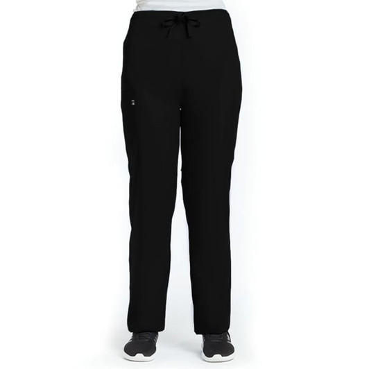 A pair of black unisex pull-on pants featuring pockets and an adjustable drawstring waist.