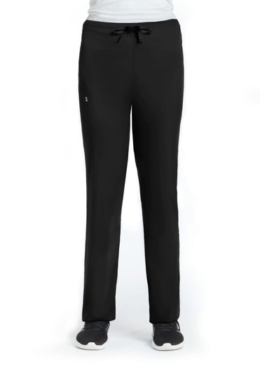 A pair of black unisex pull-on pants with a drawstring waistband and a small logo on the side.
