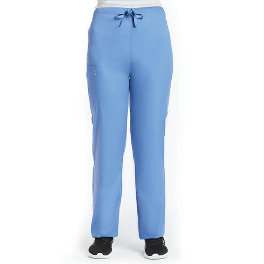 A pair of blue unisex pull-on pants with a drawstring and side pockets, featuring a brand logo.
