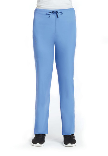 A pair of blue unisex pull-on pants with a drawstring waist, displayed on a model.