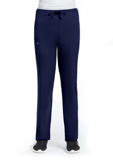 A pair of navy unisex pull-on pants with an elastic waistband and a drawstring, featuring a small logo.
