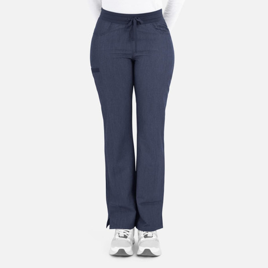 A pair of navy tapered pants with pockets and a drawstring waist, featuring a logo.