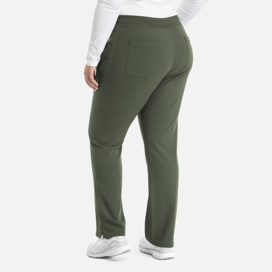 A pair of tapered women's yoga pants in olive green, featuring a pocket and a logo on the waistband.