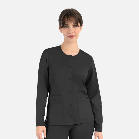 A round neck snap jacket in black, featuring long sleeves and front pockets. It has a logo on it.