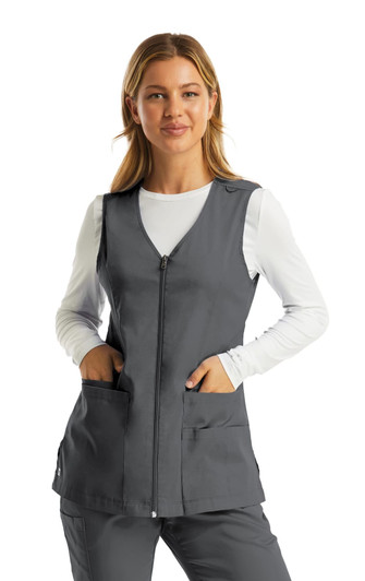 A grey women's V-neck vest with a zip front and pockets, worn over a white long-sleeve top.