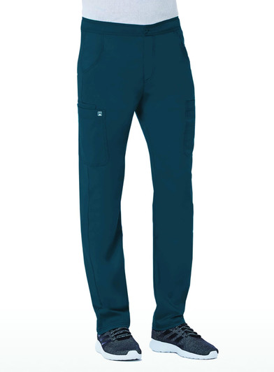 A pair of men's tapered cargo pants in dark teal, featuring a half elastic waist and multiple pockets.