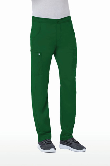 Green tapered cargo pants with half elastic waist, featuring two side pockets and one leg pocket, worn with grey shoes.