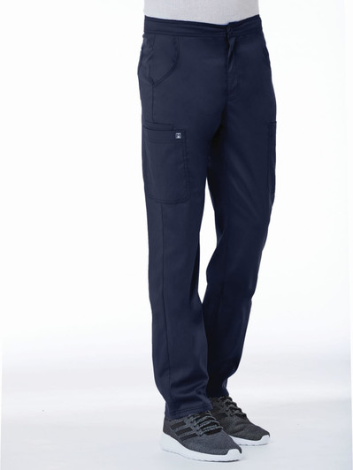 A pair of navy tapered cargo pants with a half elastic waist, featuring side pockets.
