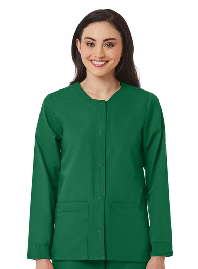 A warm-up jacket in vibrant green, featuring long sleeves and a round neckline. The jacket has a button closure and pockets.