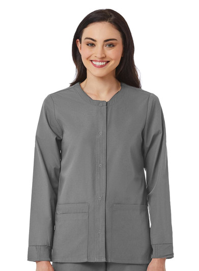 A warm-up jacket in grey with long sleeves and a round neckline, featuring a front fastening and pockets.