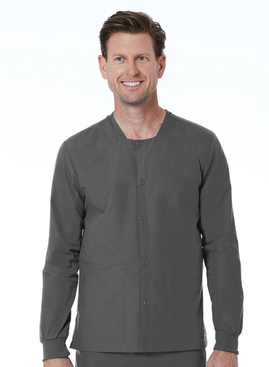 A unisex snap jacket in a dark grey colour with a button-up front and long sleeves. It features pockets and has a logo.