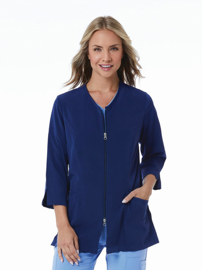 A navy blue women's lab jacket with 3/4 sleeves and a zip front, featuring side pockets and a stylish design.