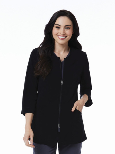 A black women's lab jacket featuring 3/4 sleeves, a zip front, and side pockets.