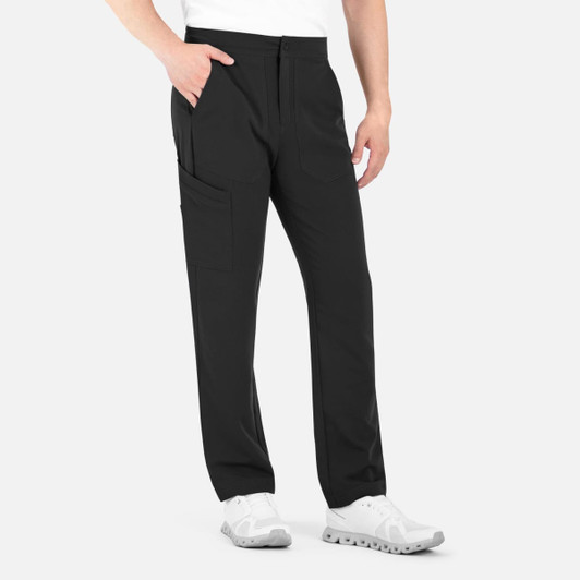 Black cargo pants with a half elastic waistband, featuring side pockets. The model is wearing white shoes.