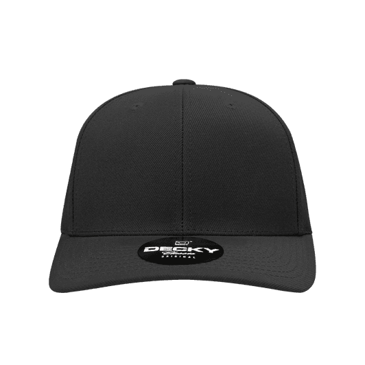 A black 6 panel mid profile structured snapback cap with a circular logo on the front.