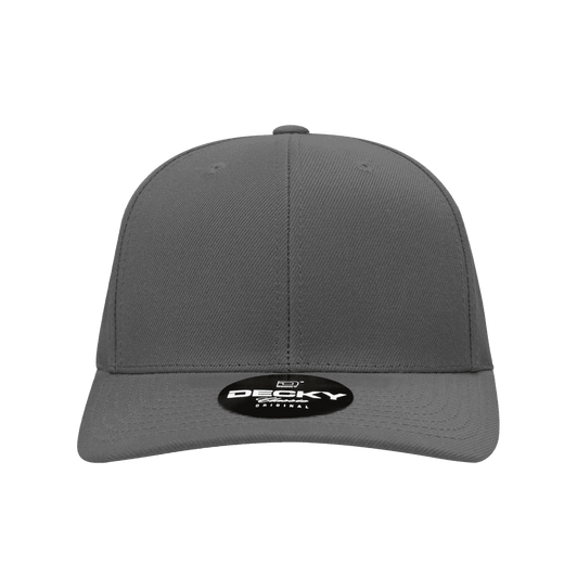 A grey six-panel mid-profile structured snapback hat with a logo on the front.