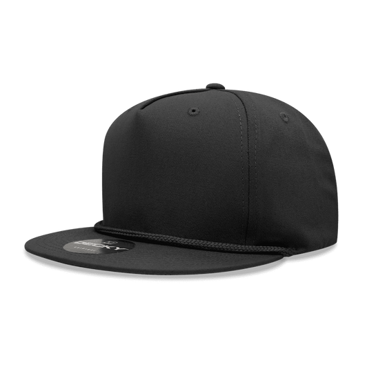 A high-profile structured snapback cap in black, featuring a braided detail on the front brim and a logo.