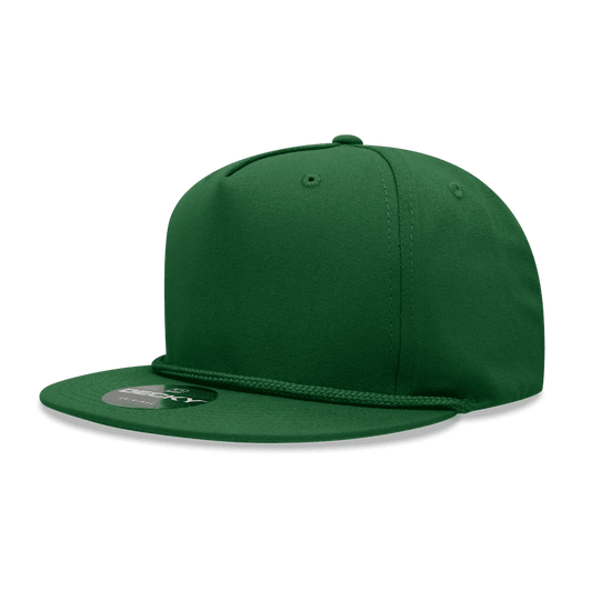 A green 5-panel high profile structured snapback cap with a logo on the front and a flat brim.